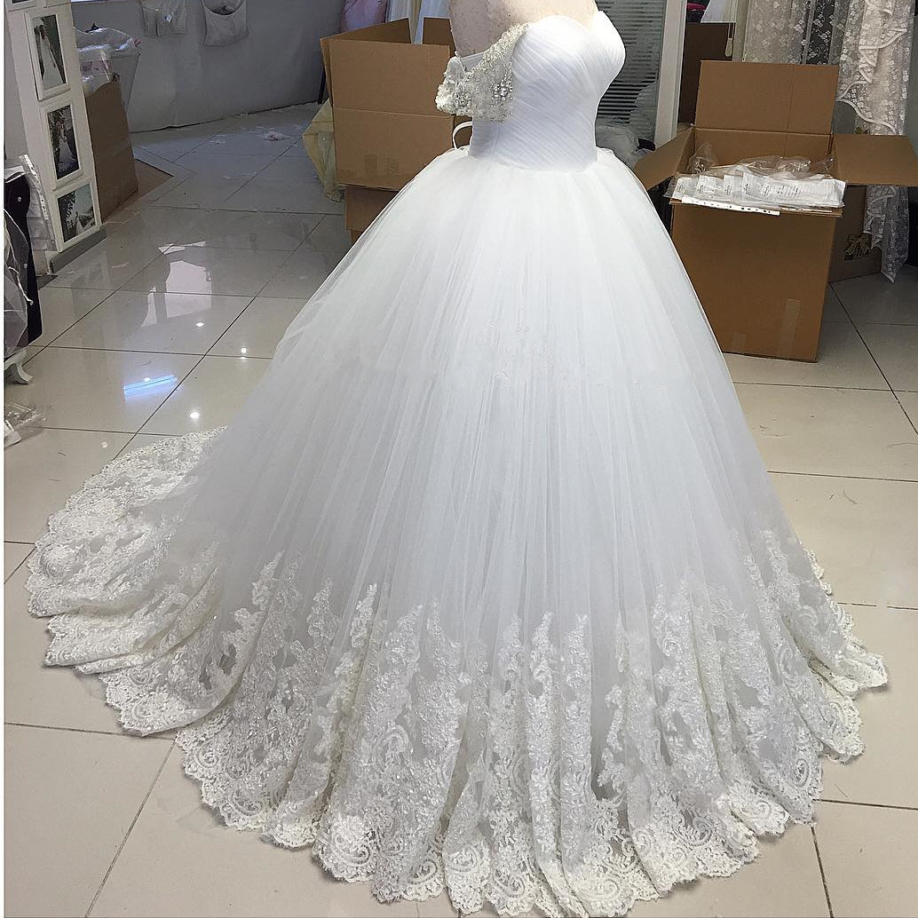 2018 Stunning Sweetheart Ruffle Pricess Wedding Dresses Off Shoulder Summer Weddings Gowns Tulle Lace Appliqued Bidal Dresses Real Image ,arabic