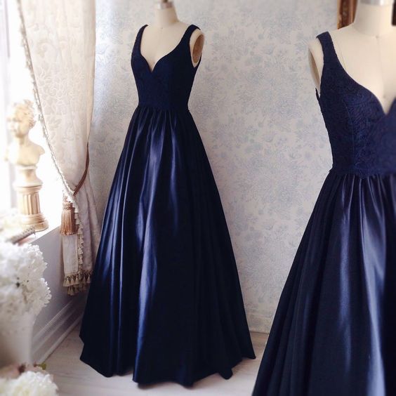 Prom Dress,2018 Custom Made Charming Navy Simple Prom Dresses, Satin Prom Dress, Sexy V-neck Prom Gown, Elegant Lace Prom Dress, prom Gowns Plus Size, Cocktail Dresses, formal dresses,Wedding guests dresses