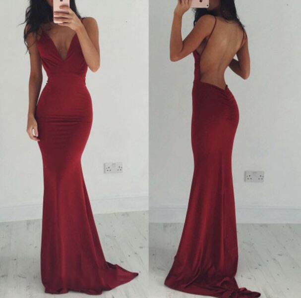 2018 Sexy Backless Burgundy Mermaid Prom Dresses With Spaghetti Straps Plus Size Long Party Gowns Custom Made Women Pageant Gowns Floor Length