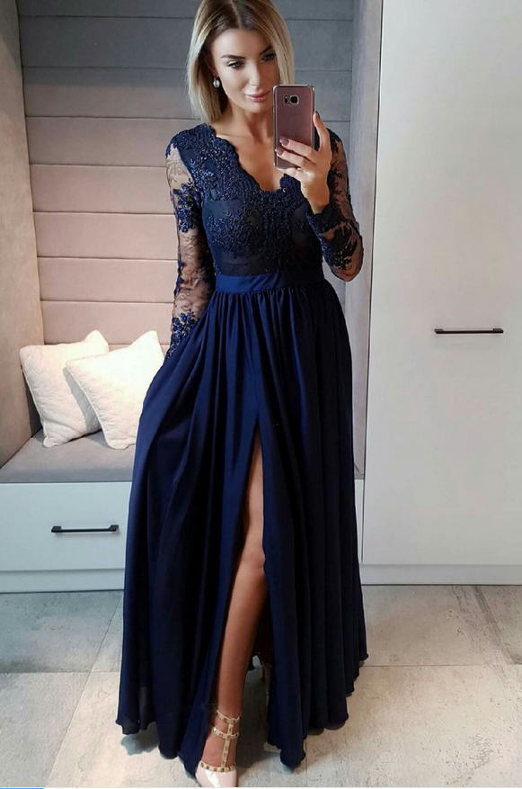 Prom Dress Royal Blue Chiffon Formal Occasion Dress Prom Dress 2018 Long Sleeve Lace Evening Dress A Line Women Party Gowns Plus Size High Split
