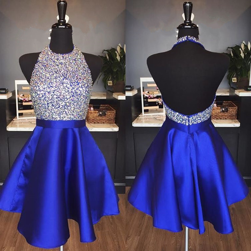 Halter Homecoming Dress,beaded Prom Gowns,short Prom Dress 2018,royal Blue Cocktail Dresses, Short Homecoming Gowns , Sexy Backless Graduation