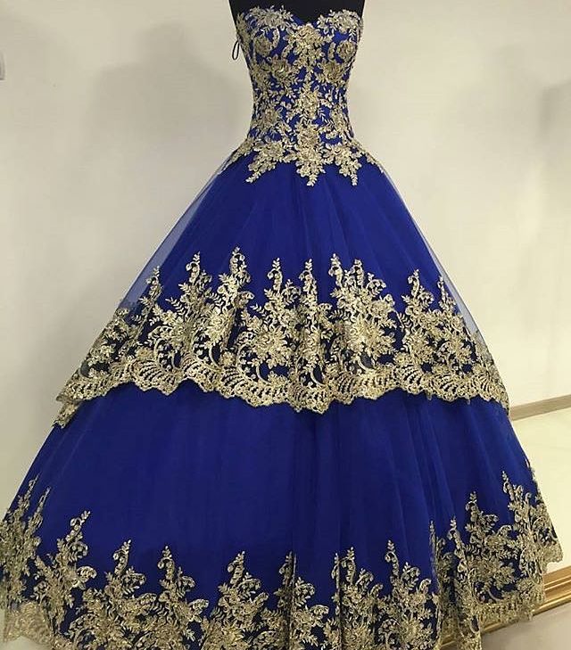 royal blue ball gowns prom dress sweetheart neckline with gold lace appliques2018, Vintage Plus Size Long Quinceanera Dresses,Arabic Evening Dress, Royal Blue Evening Gowns 