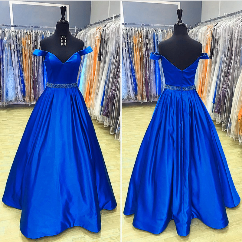 Royal Blue Prom Dresses,long Satin Evening Gowns,v Neck Prom Dress,sexy Off Shoulder Formal Dresses,2018 Sexy Backless Prom Dress, Custom Made
