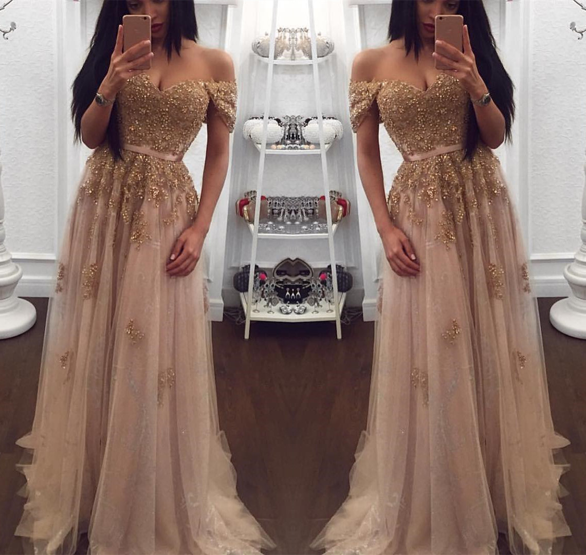 Champagne Evening Gowns Tulle Prom Dress Sweetheart Dress Long