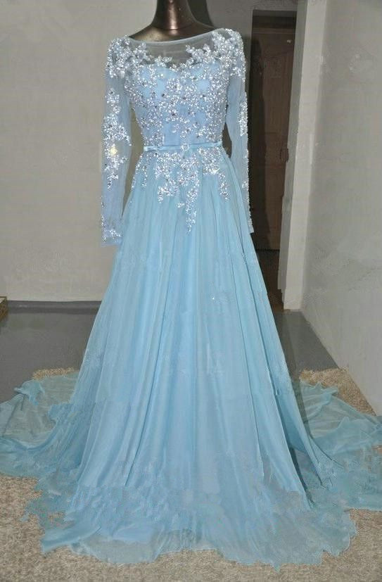 Pretty Light Blue Chiffon Long Prom Dress With Applique And Beadings, Prom Dresses,formal Dresses, Evening Dresses 2018 Long Sleeve Beaded Formal