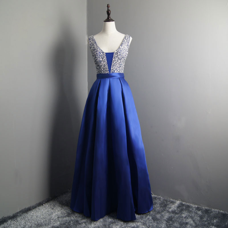 2018 Royal Blue Prom Dress Elegant V Neck Evening Dresses Beaded Satin Party Dresses Robe De Soiree Formal Gowns，off Shoulder Prom Dresses