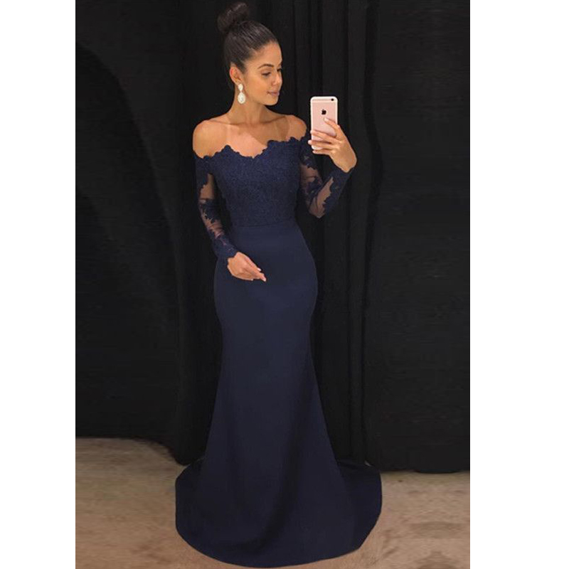 Lace Long Sleeves Off Shoulder Mermaid Bridesmaid Dresses 2018 Sweetheart Satin Long Prom Dresses Strapless Formal Women Party Gowns