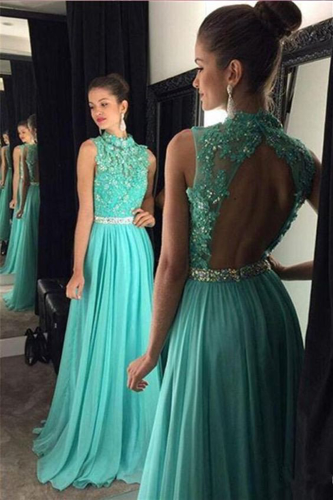 2018 Style Prom Dress,a Line Prom Dress,high Neck Open Back Prom,long Prom Dress,appliques Beading Prom Evening Dress,prom Dress Evening Gowns