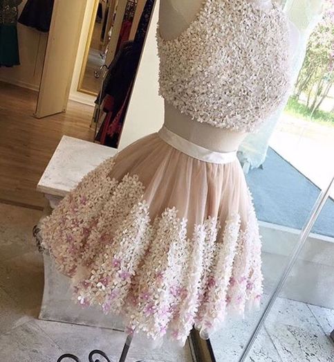 Cute Champagne Tull Flower Lace Appliques Short Prom Dress, Two Pieces Party Dress,2018 Wedding Party Dresses, Mini Women Cocktail Gowns