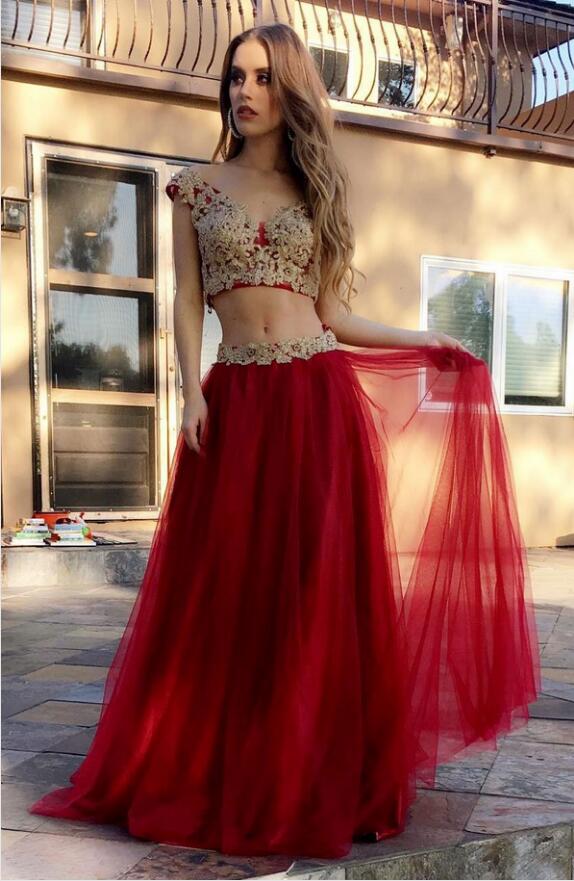 Gold Lace Appliqued Two Piece Prom Dresses,red Tulle Long Party Pageant Dresses，2018 Gold Lace Women Formal Gowns ,plus Size Girls Party