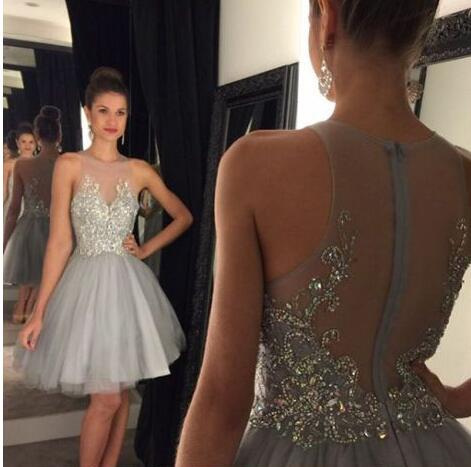 See-through Homecoming Dress With Sequins,light Gray Sequined Homecoming Gown,a-line Sleeveless Tulle Short Prom Dress,graduation Dress，2018