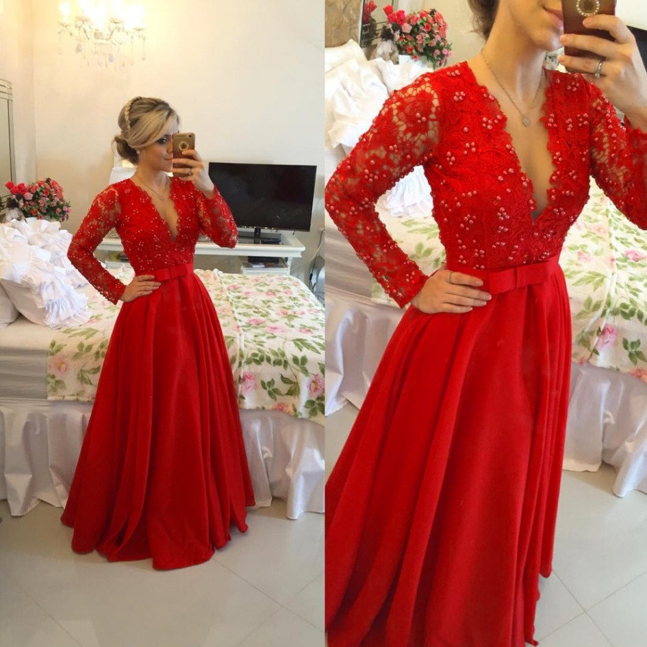 Sexy Women Beaded Formal Dresses Red Satin Evening Party Gonws With Plunge V Neckline And Long Sleeve，2018 Beaded Formal Evening Dress,floor