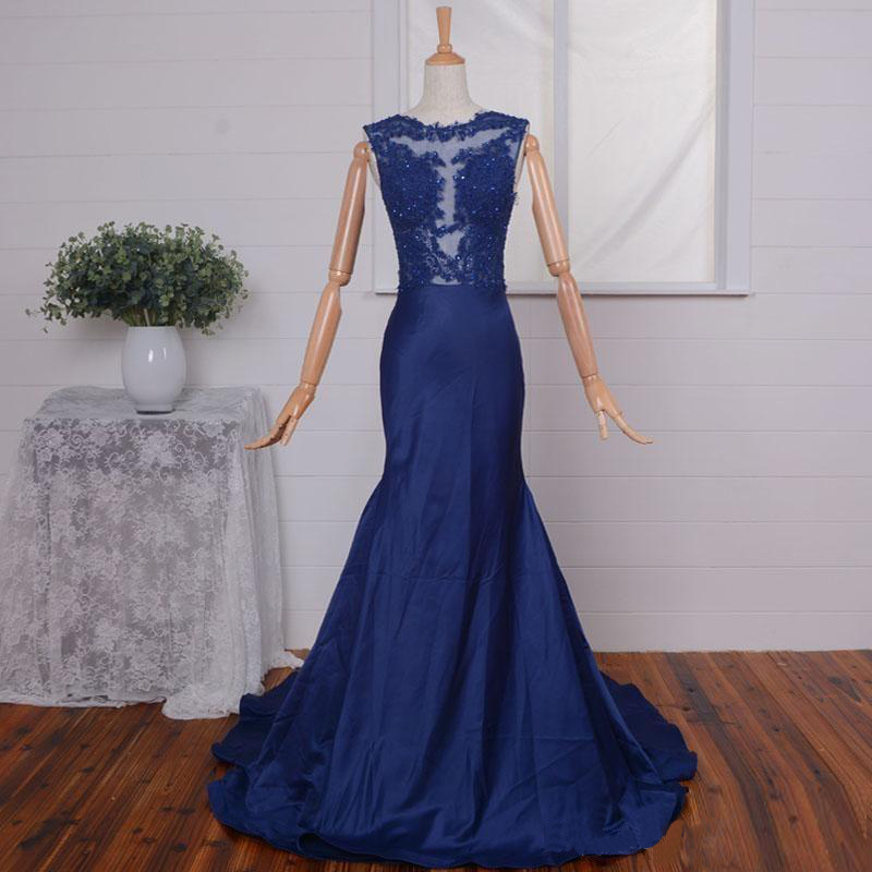 Navy Blue Mermaid Prom Gowns With Illusion Jewel Neckline, Floor Length Taffeta Lace Appliques Formal Dresses, Long Red Bridesmaid Dresses，lace