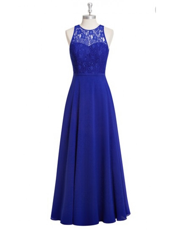 Stunning Sheer Neck Royal Blue Chiffon Bridesmaid Dresses,elegant Long Lace Formal Dresses, Wedding Party Dresses, Evening Gowns，2018 Sexy