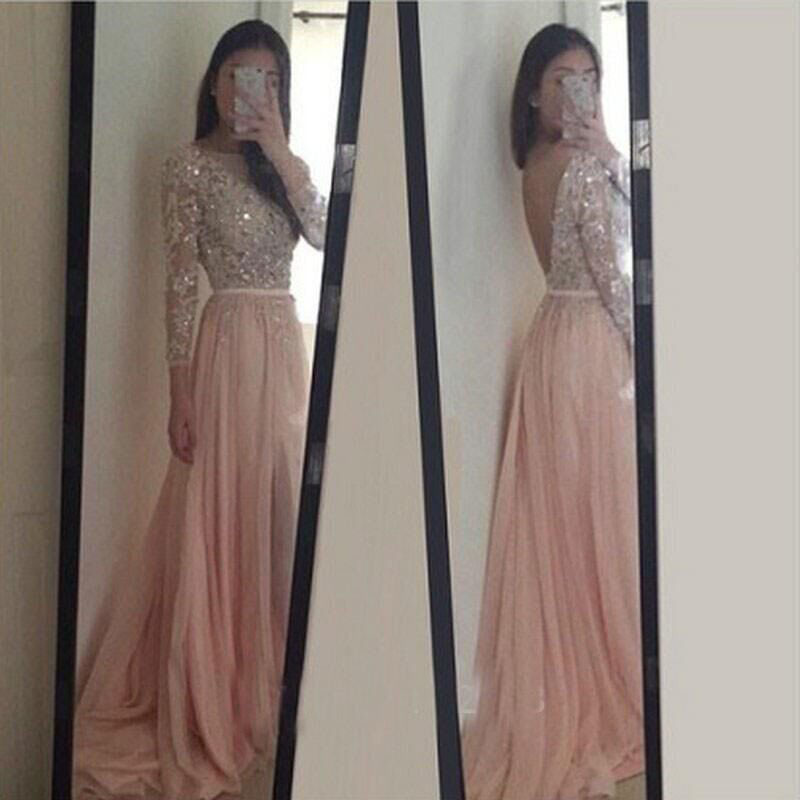 Blush Pink Long Sleeve Prom Dresses,long Sleeves Dresses,sheath Party Dress, Backless Prom Gown,long Prom Dress,prom Dress,2018 Sexy Backless