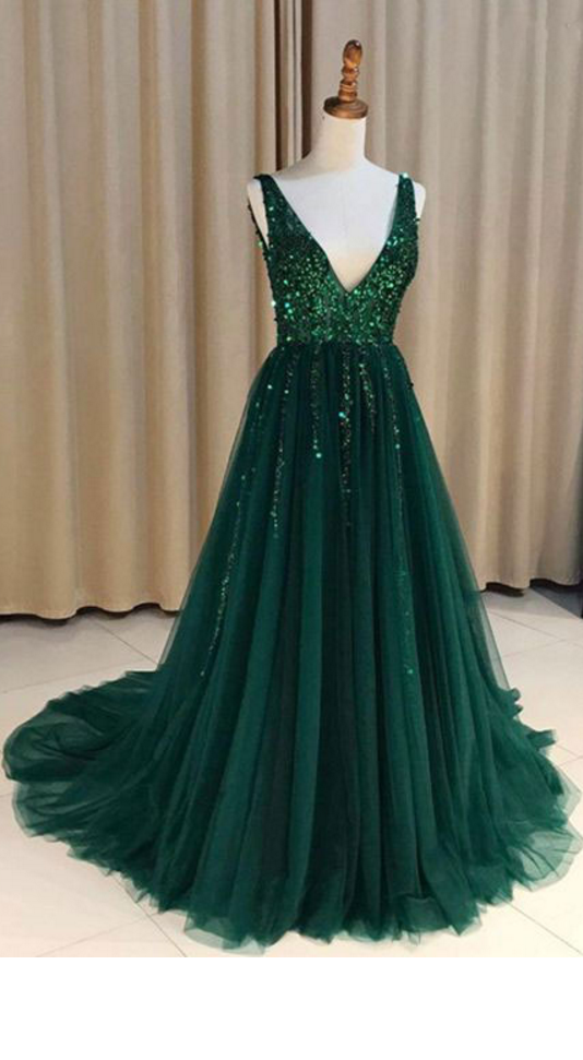 Special V Neck V Back Tulle Green Long Prom Dresses With Sequined For Women，2018 Sexy Back Open Women Evening Dress ,off Shoulder Formal Gowns