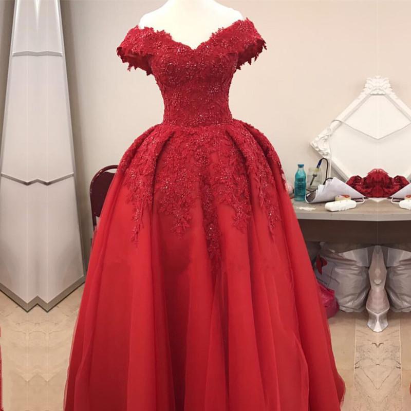 2018 Custom Made Red Lace Prom Dresses Beaded Appliqued Formal Gowns Plus Size Long Evening Dresses , A Line Evening Gowns , Wedding Women Dress