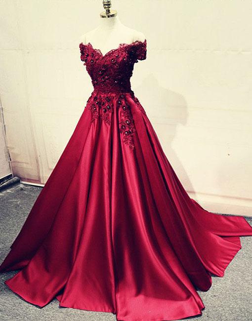 Burgundy Lace Off Shoulder Long Prom Dress, Lace Evening Dress，2018 Formal Prom Dresses,appliqued Prom Gowns