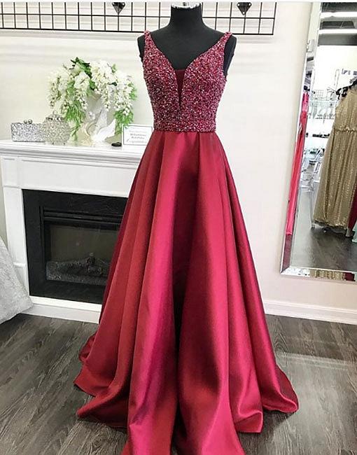 2018 Fashion V- Neck Long Prom Dresses,burgundy Satin Formal Dress,plus Size Women Party Gowns ,custom Made Evening Dress,floor Length Evening