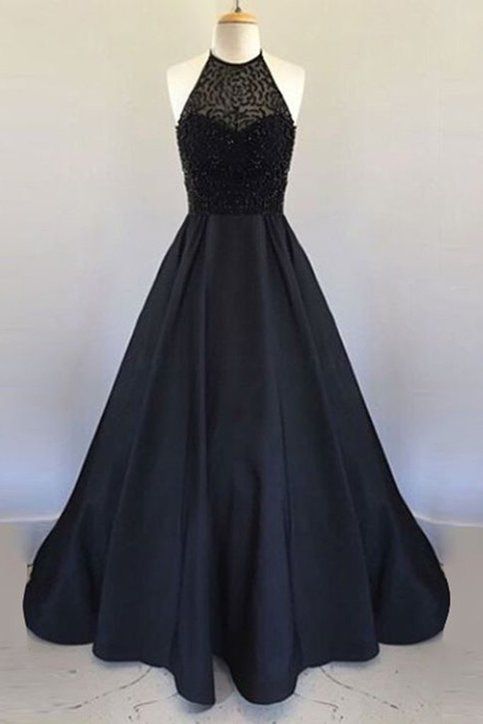 Long Black Satin Prom Dresses Halter Neck Beading Women Party Dresses,2018 Sexy Halter Beaded Evening Dresses, A Lime Prom Goiwns , Plus Size