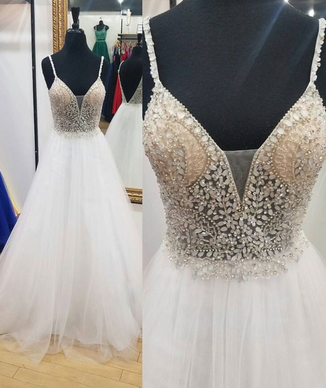 Spaghetti Strap Plunging V Crystal Beaded Tulle A-line Long Prom Dress, Evening Dress,2018 White Crystal Formal Women Gowns , Plus Size Wedding