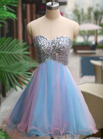Sweetheart Neck Tulle Prom Dresses Crystals Mini Women Prom Dresses 2018 Shiny Crystal Beaded Mini Cocktail Dress Plus Size Tulle Graduation