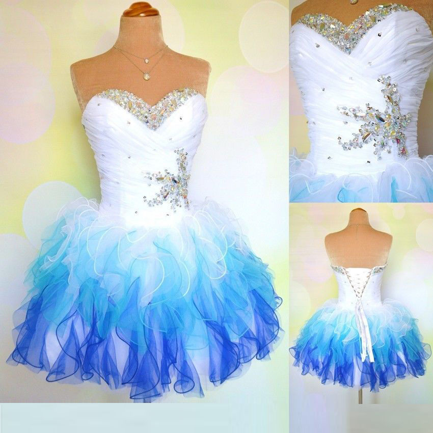 2018 Plus Size Crystal Beaded Short Prom Dresses White And Blue Tulle Mini Homecoming Dresses Custom Made Graduation Gowns