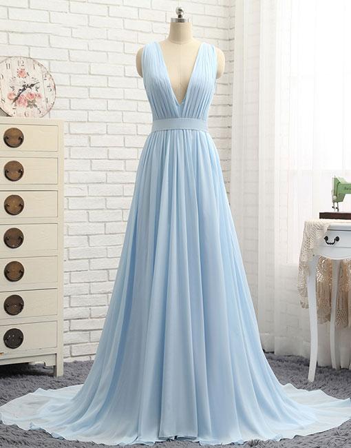 2018 Sky Blue Prom Dresses, Formal Evening Dress,women Party Gowns ,sexy V-neck Prom Gowns , Elegant A Line Evening Party Gowns , Wedding Party