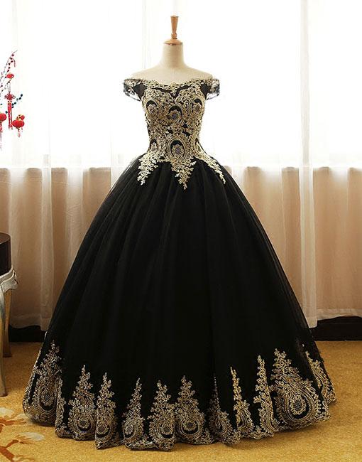 Black Tulle Ball Gowns Prom Dresses 2018 Sexy Gold Lace Appliqued Formal Prom Gowns , Off Shoulder Quinceanera Dresses ,black Formal Evening