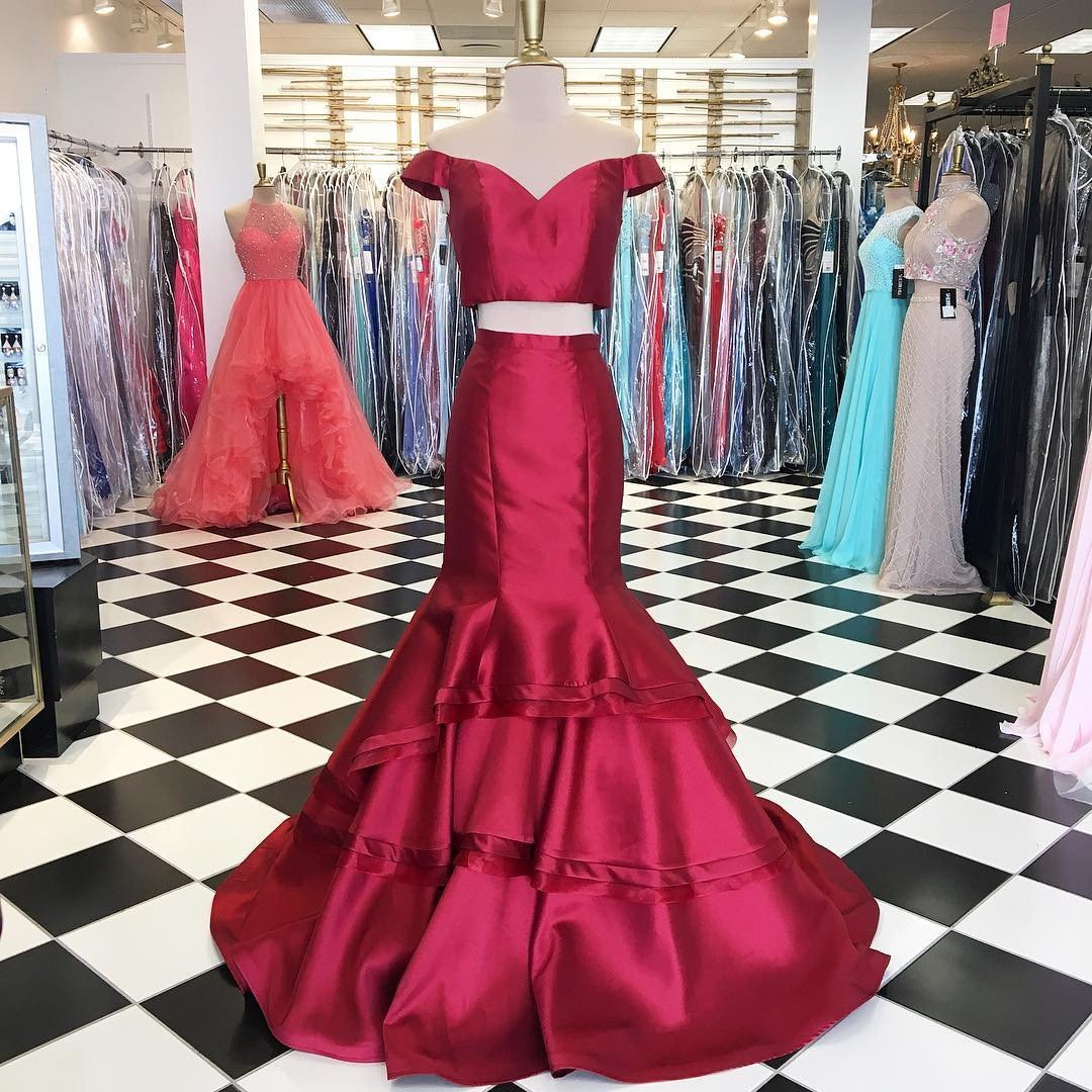 Two Piece Off The Shoulder Mermaid Long Prom Dress Evening Dress 2018 Sweet Formal Women Gowns ,custom Made Red Evening Gowns