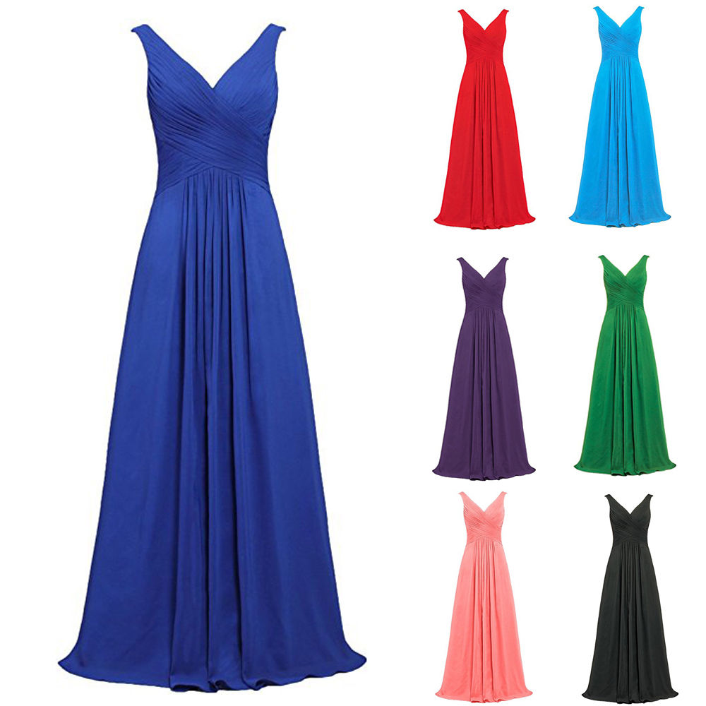 Vintage Royal Blue Chiffon Bridesmaid Dresses V Neck Prom Dresses Plus Size Wedding Party Gowns ,2018 Sexy Maid Of Honor Dresses, Women Party