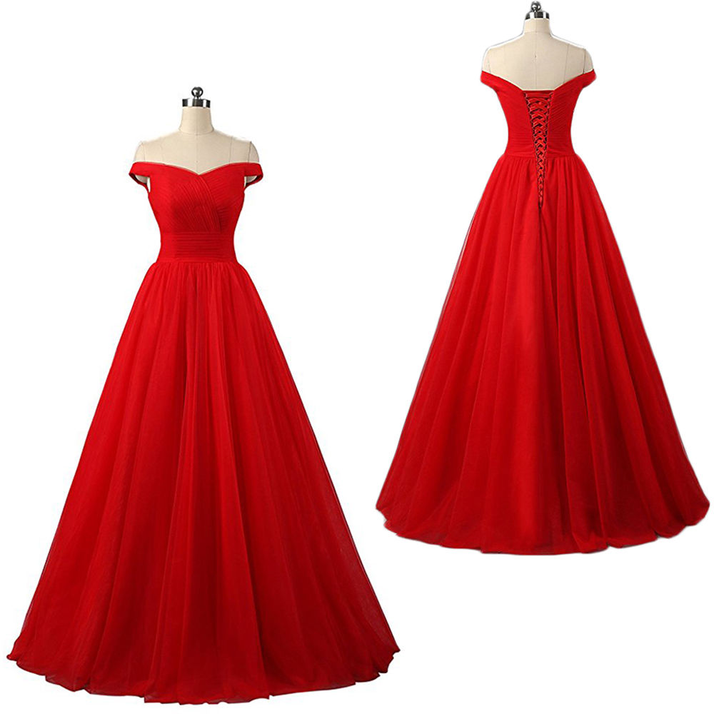2018 Off Shoulder Red Tulle Long Prom Dresses Floor Length Women Party Dress Custom Made A Line Formal Evening Dress , Long Prom Gowns , Party