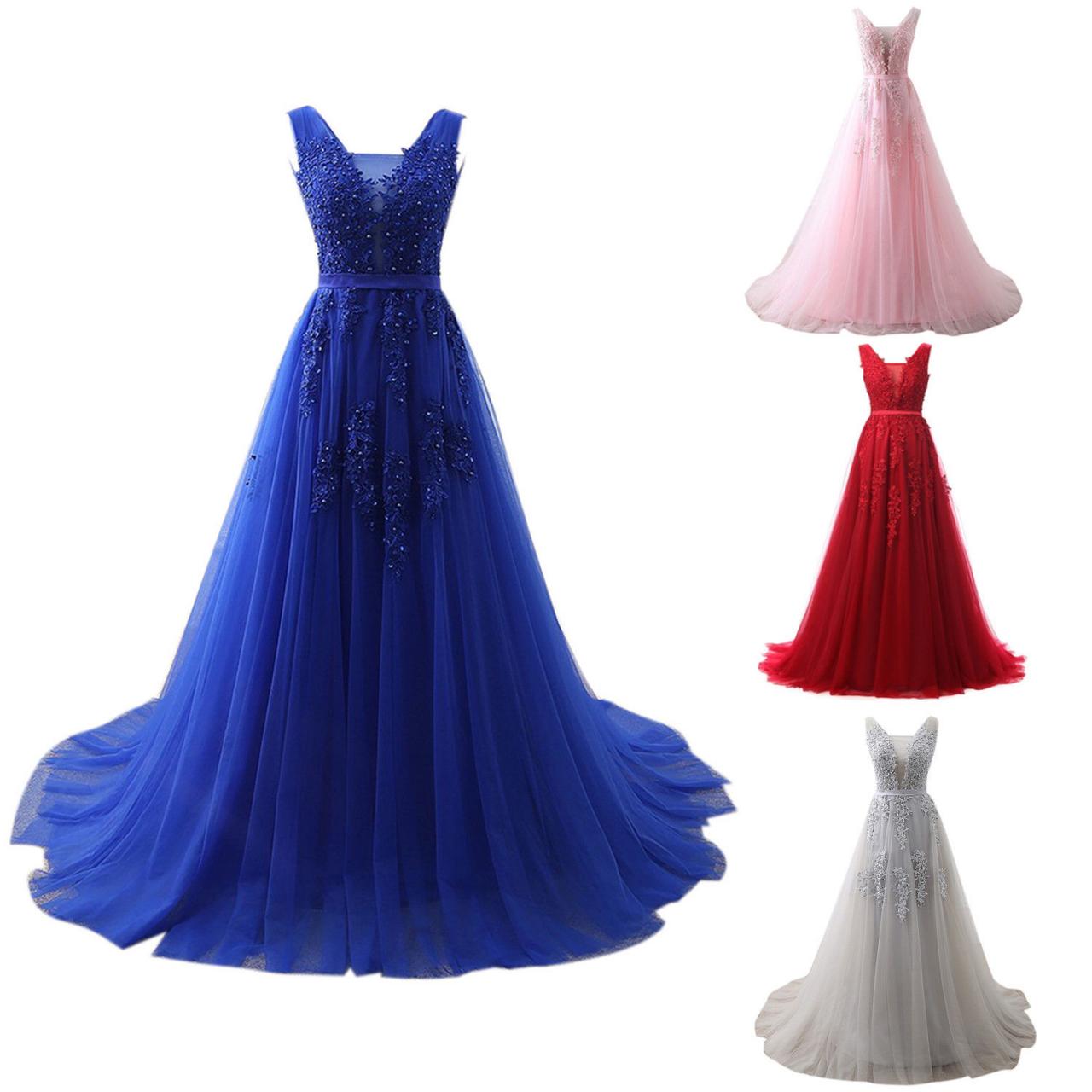 2018 Royal Blue Lace Apppliqued Long Prom Dresses V Neck Tulle Off Shoulder Formal Women Gowns Plus Size Long Evening Dress Party Gowns