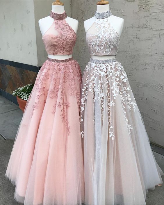 Two Piece Prom Dress,high Neck Prom Dress,lace Prom Dress,beading Prom Dresses,prom Dresses,backless Prom Dress A-line Prom Dresses, 2 Pieces