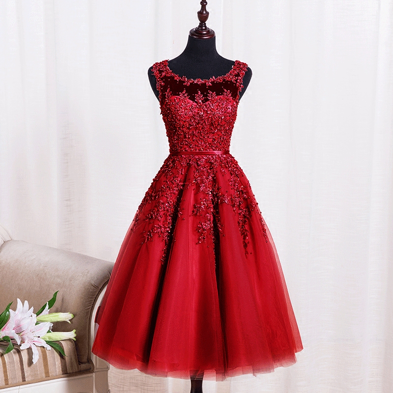 Scoop Short Prom Dresses Burgundy Lace Apppliqued Girls Party Gowns , A Line Evening Dress, Short Cocktail Dress, Homecoming Dress, Plus Size