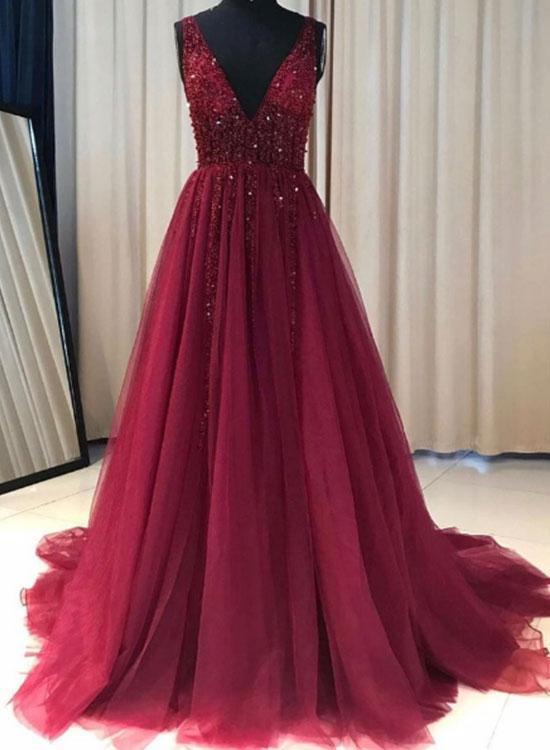 V Neck Beaded Prom Dresses, Sexy Evening Party Dresses, Formal Dresses，plus Size Burgundy Lace Appliqued Beaded Wedding Party Gowns , A Line