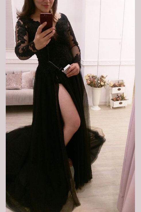 Black Long Sleeve Evening Dress, Sexy Split Side Long Prom Dress, Appliques Prom Gown，2018 Black Lace Muslim Prom Dresses Custom Made Wedding