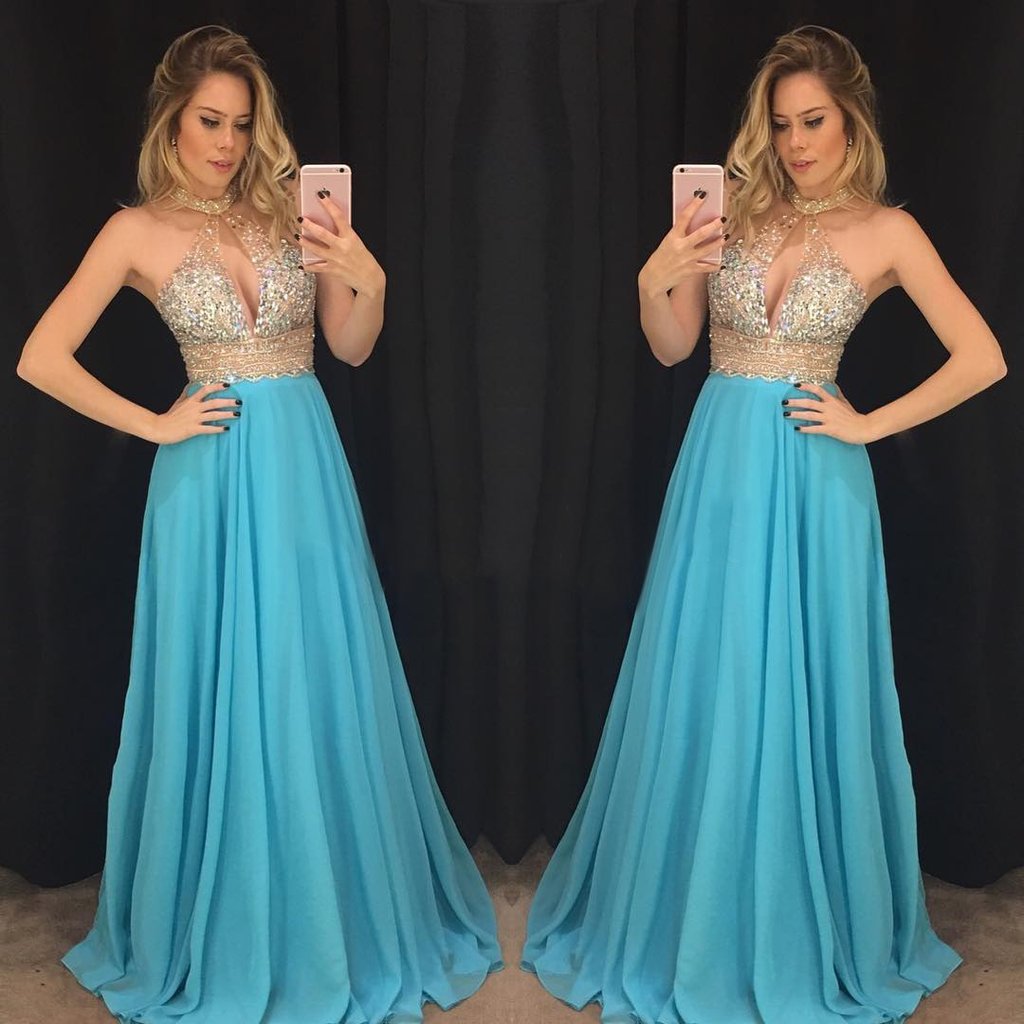 New Arrival Halter Beaded Crystal Prom Dresses 2018 Plus Size Sexy ...