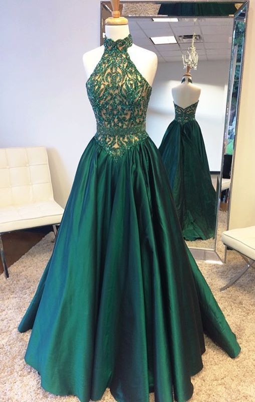 Halter Prom Dress With Glitter Appliques,prom Dresses, Formal Prom Gown, Evening Dresses, Quinceanera Dresse,2018 Greem Satin Long Evening