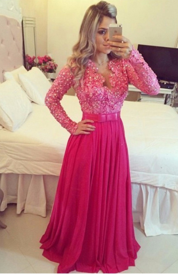 Fuchsia Lace And Chiffon Elegant Long Sleeves Evening Gowns 2018 Long Sleeve Lace Prom Dresses Beaded Sexy Formal Wedding Women Gowns , A Line