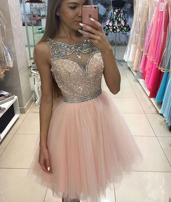homecoming dresses,pink tulle short prom dress for teens, pink homecoming dress,Sparkly Crystal Tulle Short Cocktail Gowns , Plus Size Graduation Gowns 