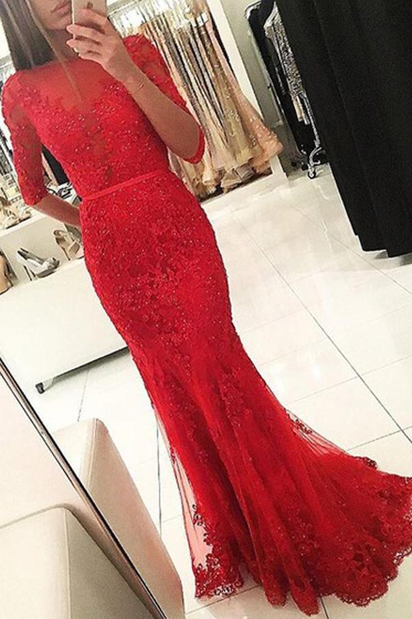 Charming Prom Dress, Sexy Half Sleeve Mermaid Evening Dress, Formal Evening Gown, Appliques Beaded Backless Prom Dresses.2018 Red Prom Dreeses