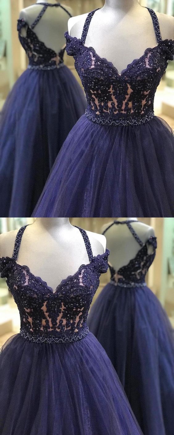 A-line Halter Backless Navy Blue Prom Dress With Lace Beading 2018 Sexy Backless Long Prom Dresses Custom Made Lace Evening Gowns Wedding ,beaded