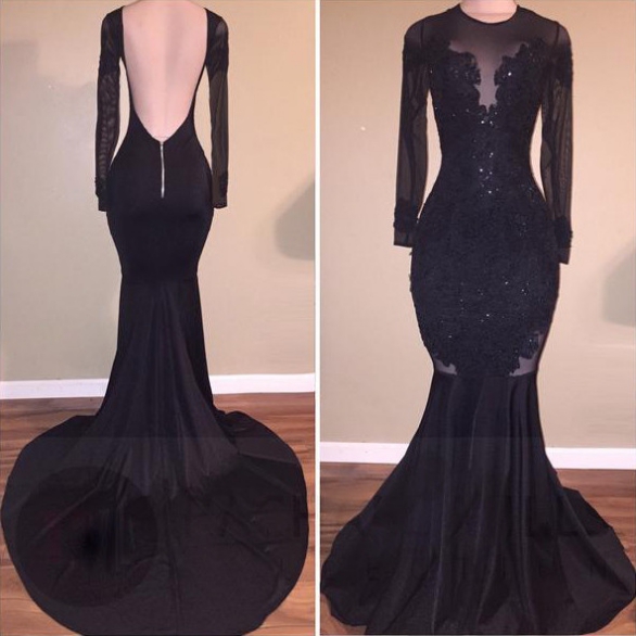Backless Sexy Prom Dresses, Long Sleeves Prom Dresses, Mermaid Black Women Prom Dresses, 2018 Sheer Long Sleeve Lace Prom Gowns , Cusstom Made