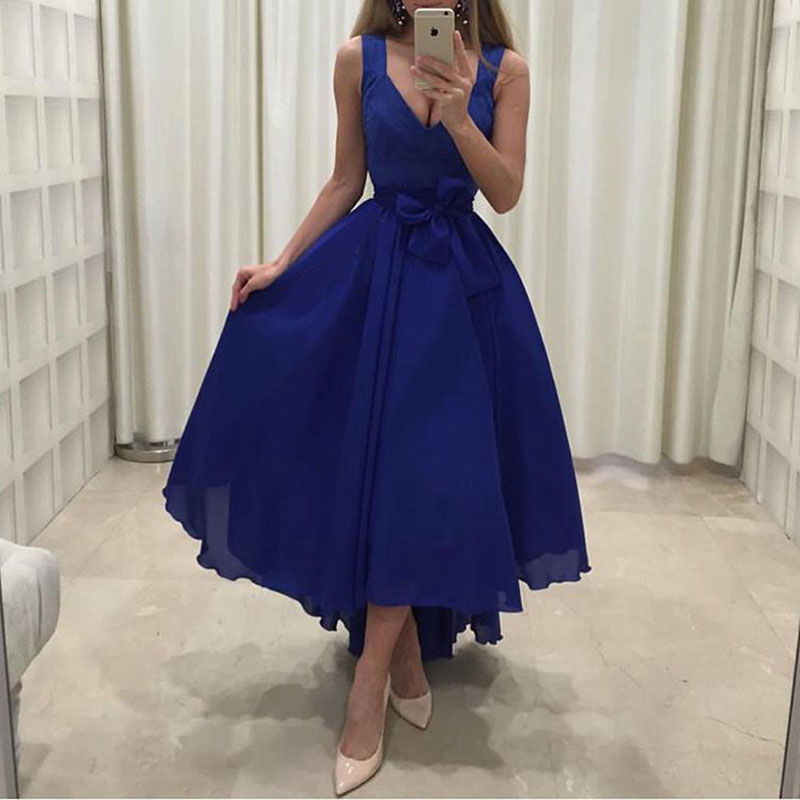 Royal Blue Chiffon Short Homecoming Dresses 2018 High Low Prom Dress, Wedding Party Gowns , Little Girls Gowns