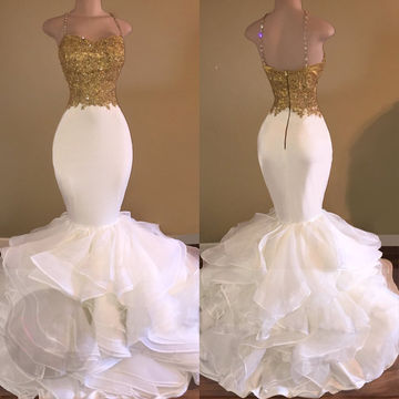 Plus Size Gold Lace Mermaid Prom Dresses 2018 Skirt Tiers Formal Party Dresses Mermaid Women Gowns , Off Shoulder Wedding Party Gowns