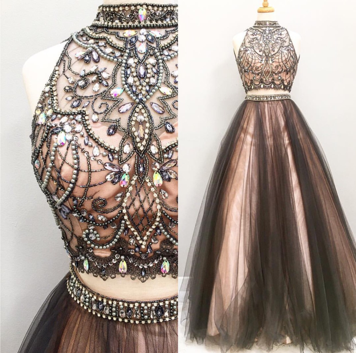 Two Pieces Tulle Prom Dress,long Prom Dresses,charming Prom Dresses,evening Dress, Prom Gowns, Formal Women Dress,prom Dress，newly Beaded