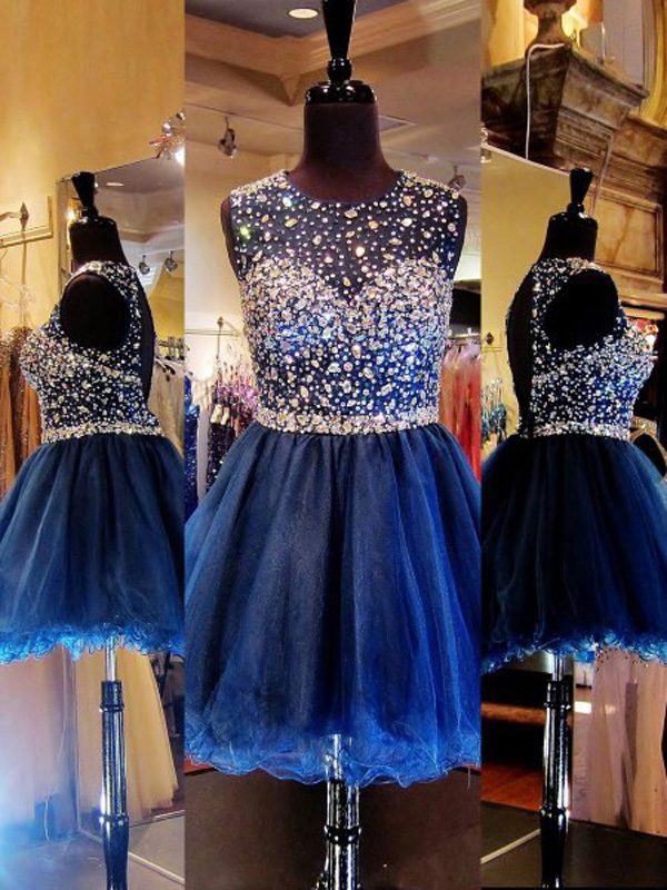 Custom Made Dark Blue Illusion Neckline Diamond Embellished A-line Short Evening Dress, Homecoming Dress, Cocktail Dresses, Graduation