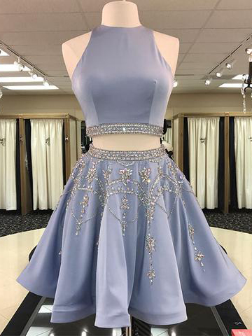 Two Pieces A-line Scoop Short Prom Dress Beaded Homecoming Dresses，2018 New Arrival 2 Pieces Short Cocktail Dress. Plus Size Beaded Wedding Party Gowns 