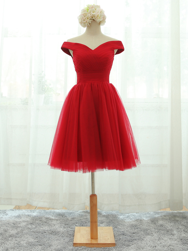 A-line Off-the-shoulder Short Mini Tulle Short Prom Dress Homecoming Dresses 2018 Red Tulle Mini Cocktail Dress, Wedding Women Gowns